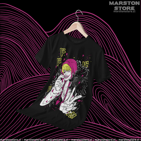 Polera negra One Piece con diseño de Donquixote Rosinante (Corazón)
