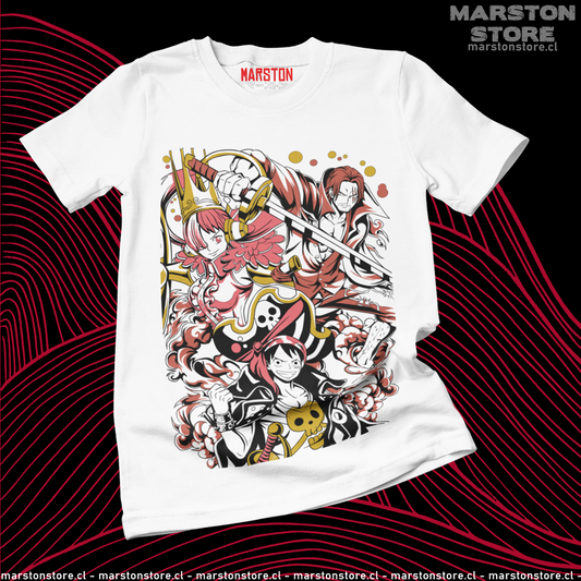 Polera blanca One Piece Film Red con Uta, Shanks y Monkey D. Luffy