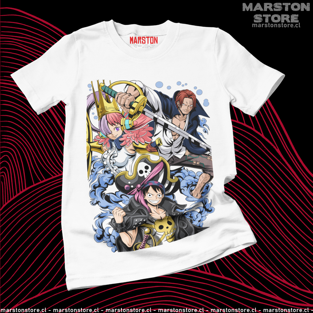 Polera blanca One Piece Film Red con Uta, Shanks y Monkey D. Luffy