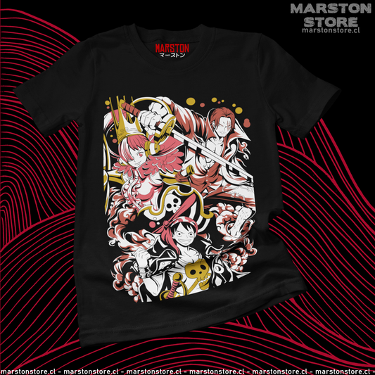 Polera negra One Piece Film Red con Uta, Shanks y Monkey D. Luffy
