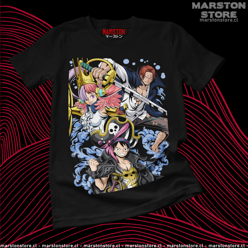 Polera negra One Piece Film Red con Uta, Shanks y Monkey D. Luffy