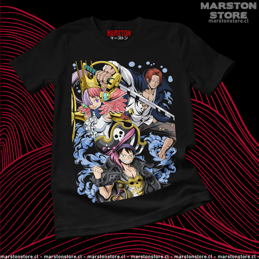 Polera negra One Piece Film Red con Uta, Shanks y Monkey D. Luffy
