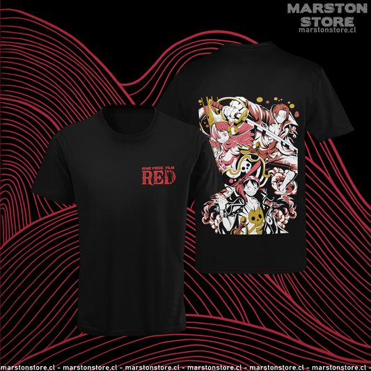 Polera negra One Piece Film Red con Uta, Shanks y Monkey D. Luffy