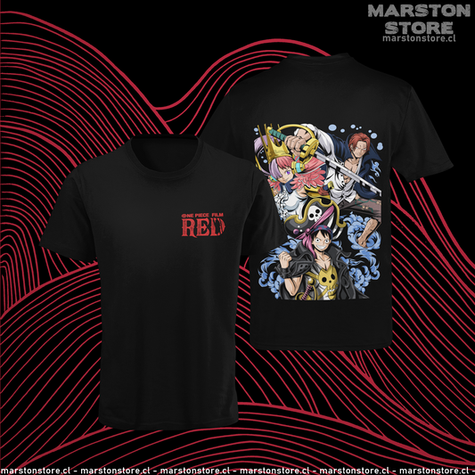 Polera negra One Piece Film Red con Uta, Shanks y Monkey D. Luffy