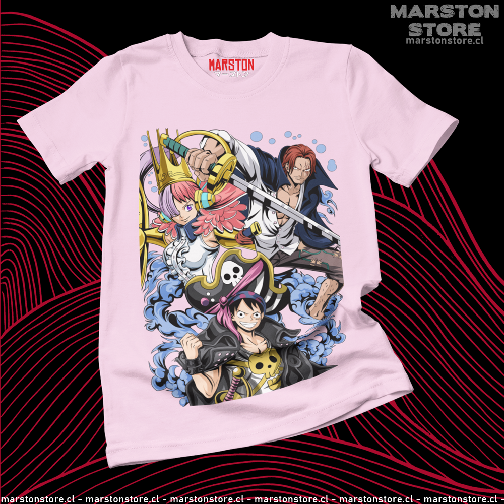 Polera rosada One Piece Film Red con Uta, Shanks y Monkey D. Luffy