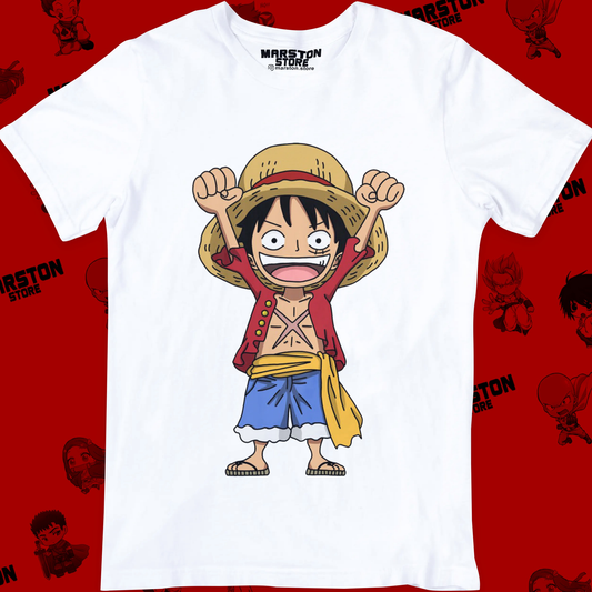 Polera blanca One Piece con diseño de Monkey D. Luffy