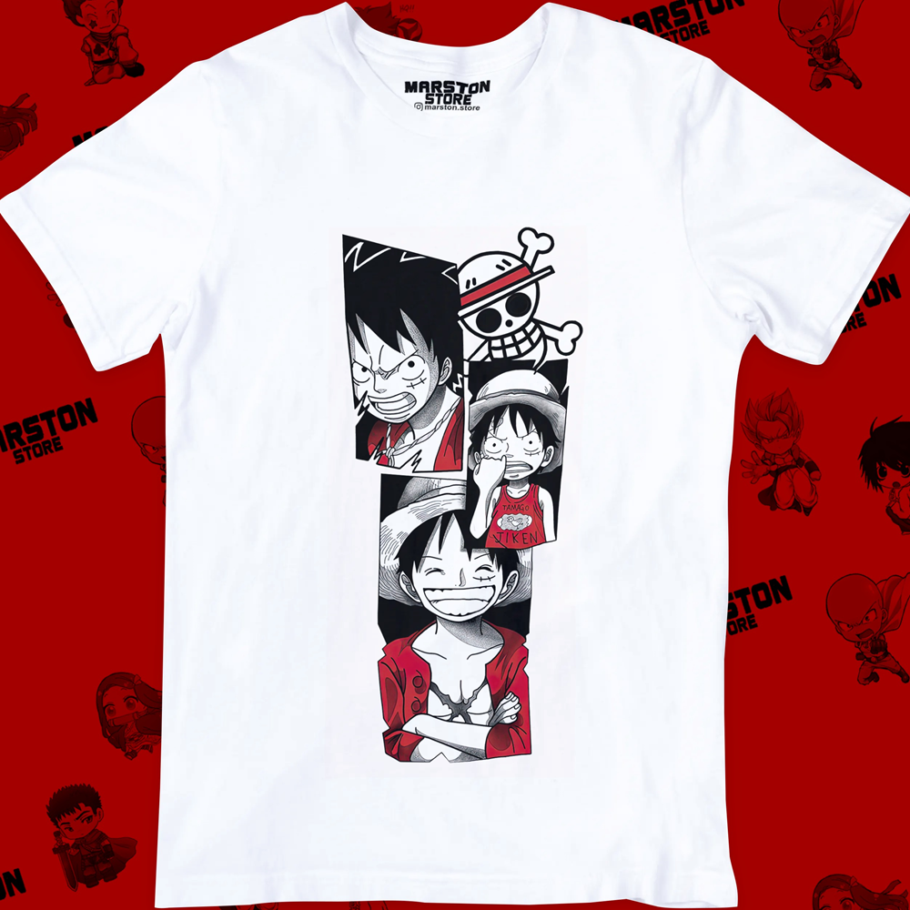 Polera blanca One Piece con diseño de Monkey D. Luffy