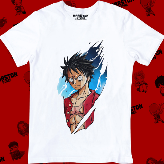 Polera blanca One Piece con diseño de Monkey D. Luffy