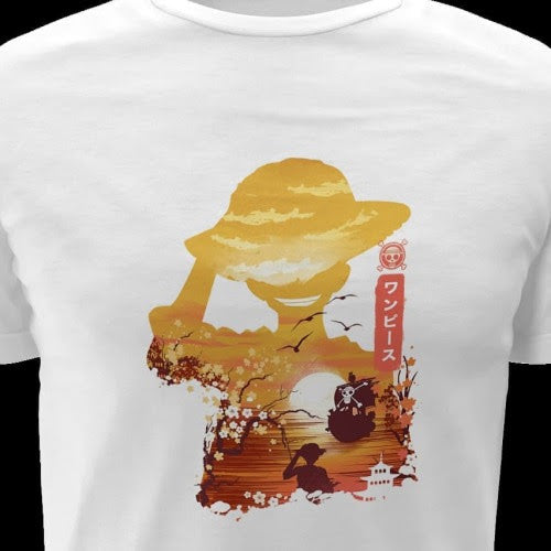 Polera blanca One Piece con diseño de Monkey D. Luffy