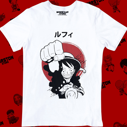 Polera blanca One Piece con diseño de Monkey D. Luffy