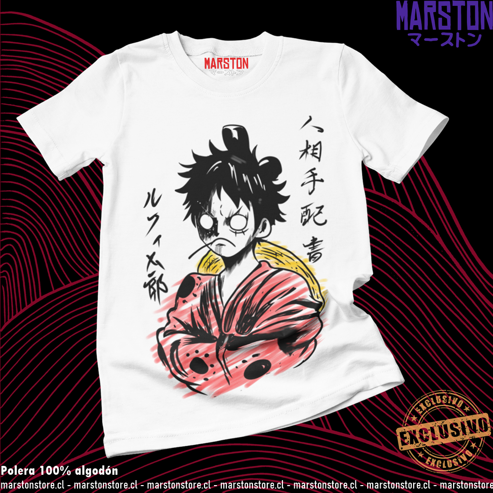 Polera blanca One Piece con diseño de Monkey D. Luffy