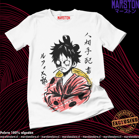 Polera blanca One Piece con diseño de Monkey D. Luffy