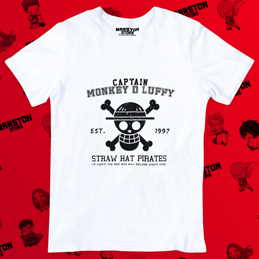 Polera blanca One Piece con diseño de Monkey D. Luffy