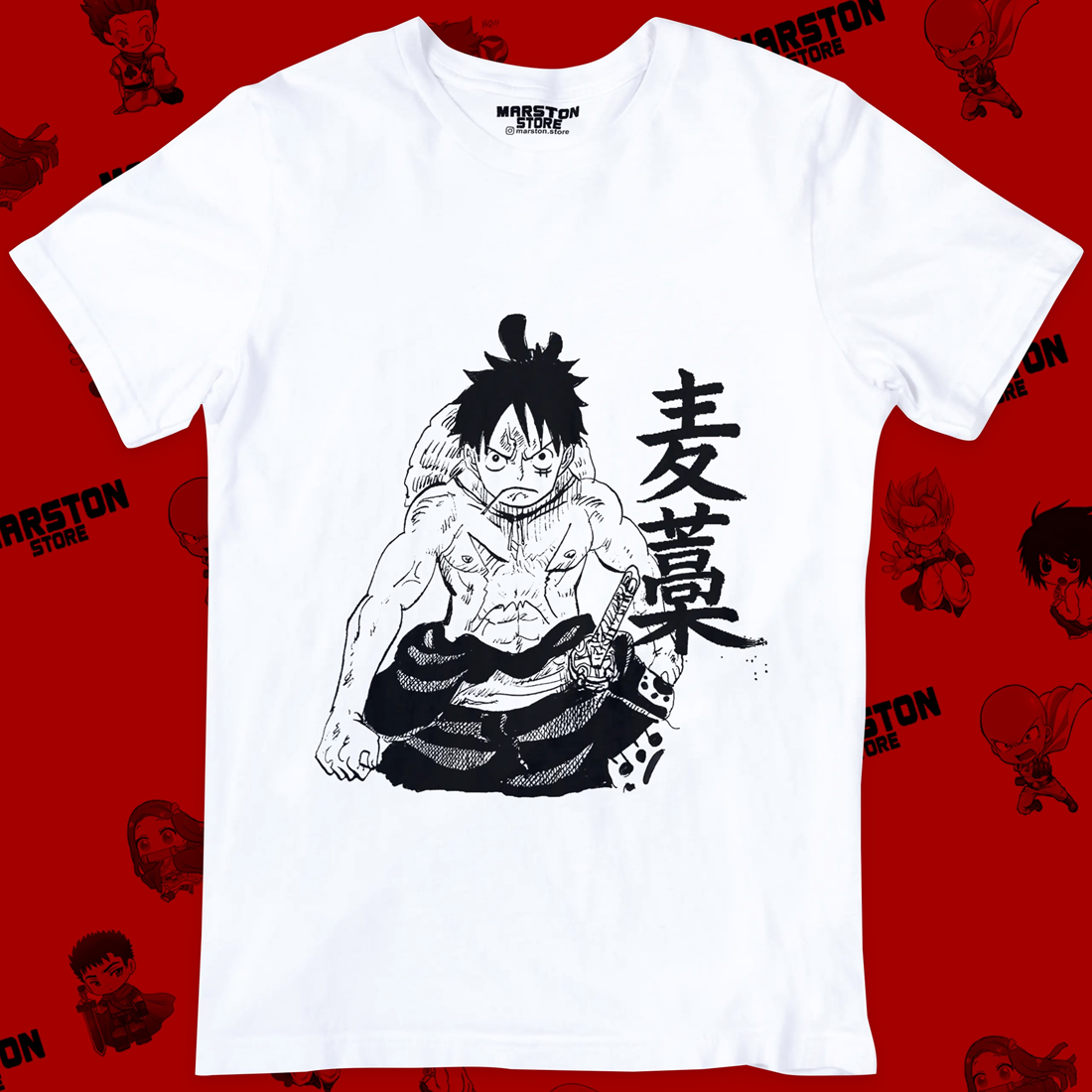 Polera blanca One Piece con diseño de Monkey D. Luffy