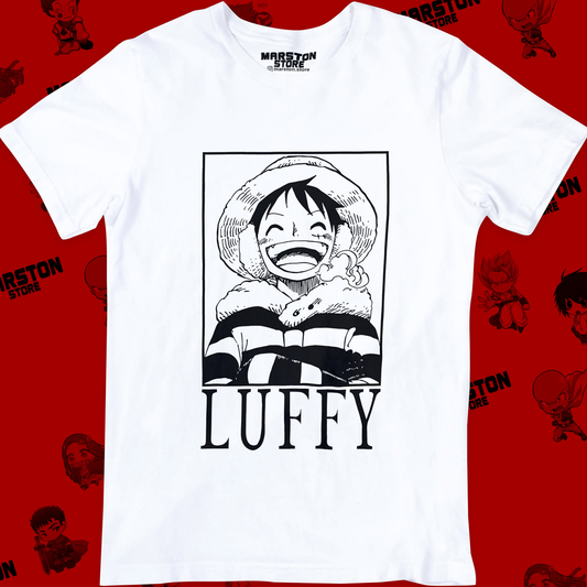 Polera blanca One Piece con diseño de Monkey D. Luffy