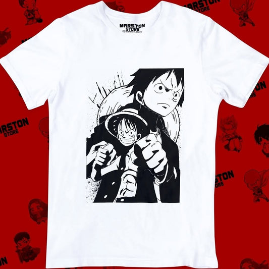 Polera blanca One Piece con diseño de Monkey D. Luffy