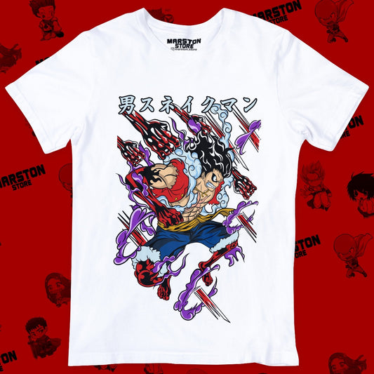 Polera blanca One Piece con Monkey D. Luffy en Gear 4 Snakeman