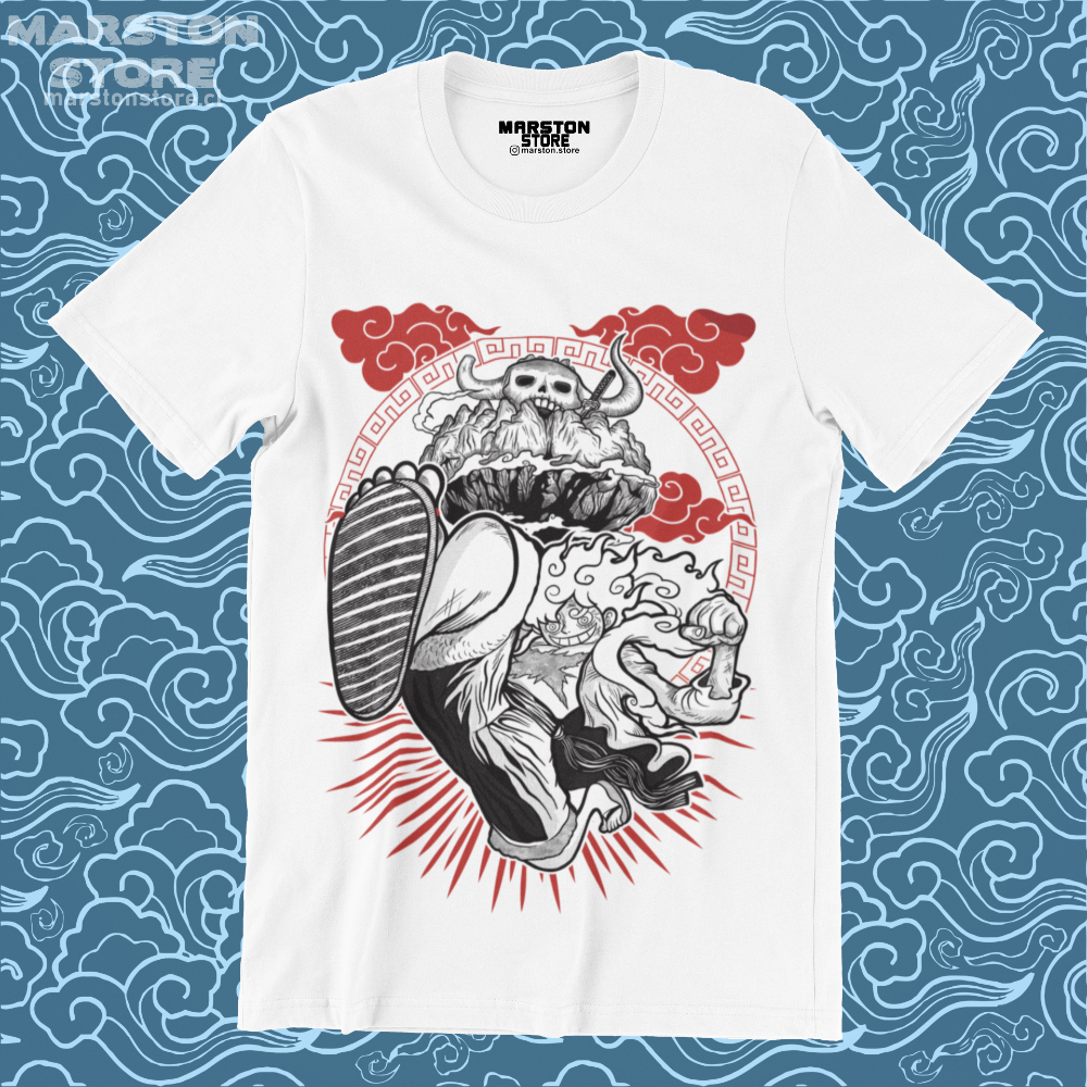 Polera blanca One Piece con Monkey D. Luffy en Gear 5