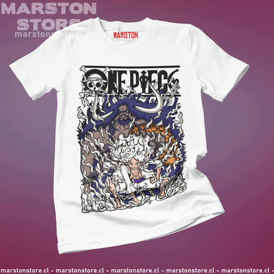 Polera blanca One Piece con Monkey D. Luffy en Gear 5 y Kaido