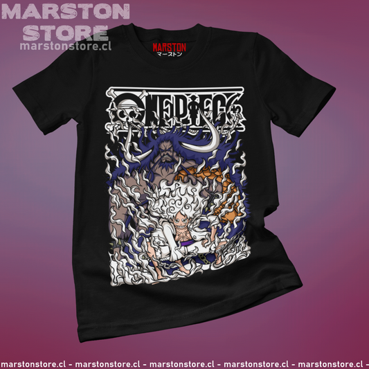 Polera negra One Piece con Monkey D. Luffy en Gear 5 y Kaido