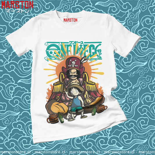 Polera blanca One Piece con Monkey D. Luffy y Gol D. Roger