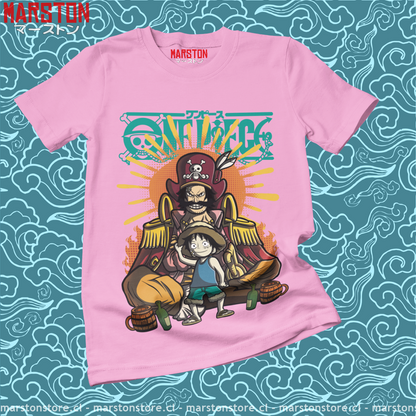 Polera rosada One Piece con Monkey D. Luffy y Gol D. Roger