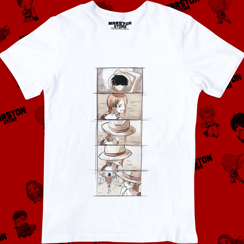 Polera blanca One Piece con Monkey D. Luffy y Nami