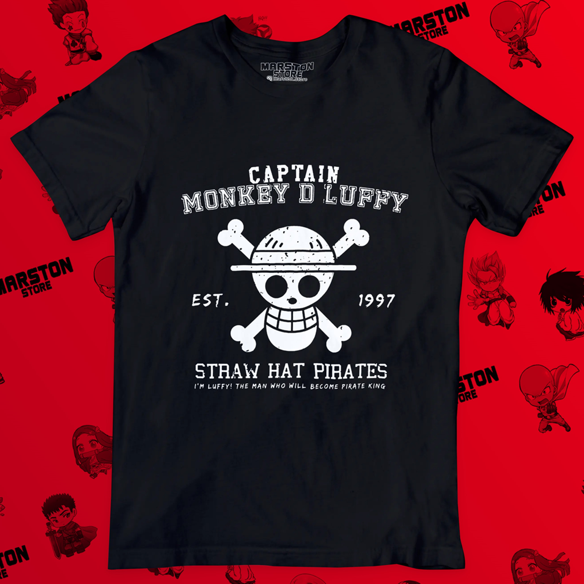 Polera negra One Piece con diseño de Monkey D. Luffy