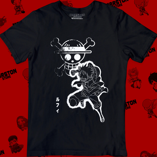 Polera negra One Piece con diseño de Monkey D. Luffy