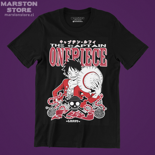 Polera negra One Piece con diseño de Monkey D. Luffy