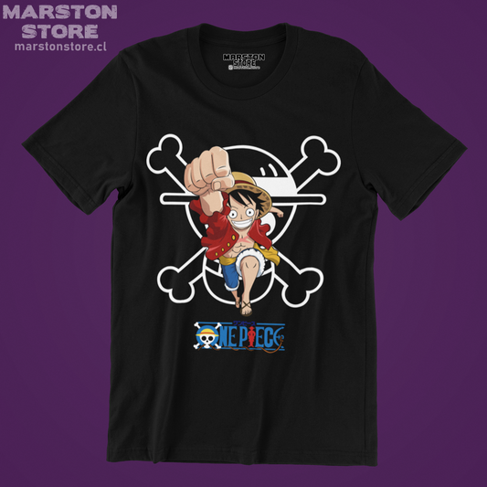 Polera negra One Piece con diseño de Monkey D. Luffy