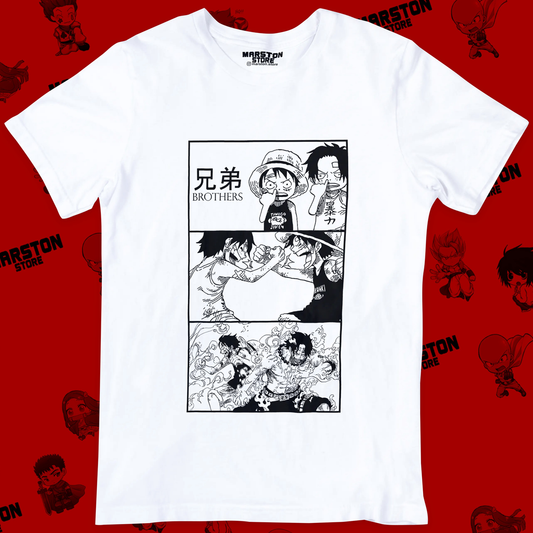 Polera blanca One Piece con Monkey D. Luffy y Portgas D. Ace