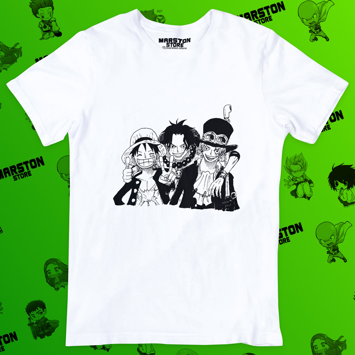 Polera blanca One Piece con Monkey D. Luffy, Portgas D. Ace y Sabo