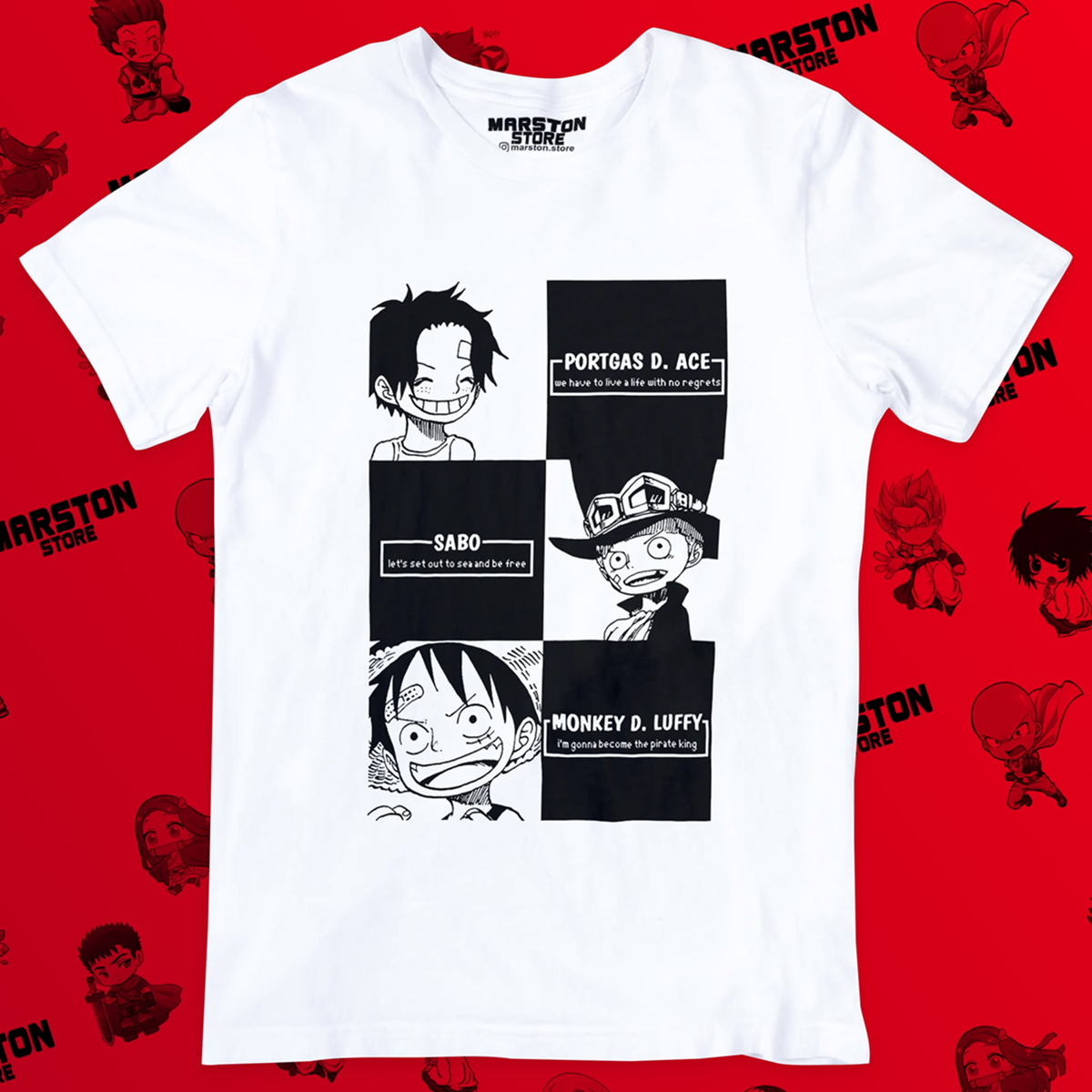 Polera blanca One Piece con Monkey D. Luffy, Portgas D. Ace y Sabo