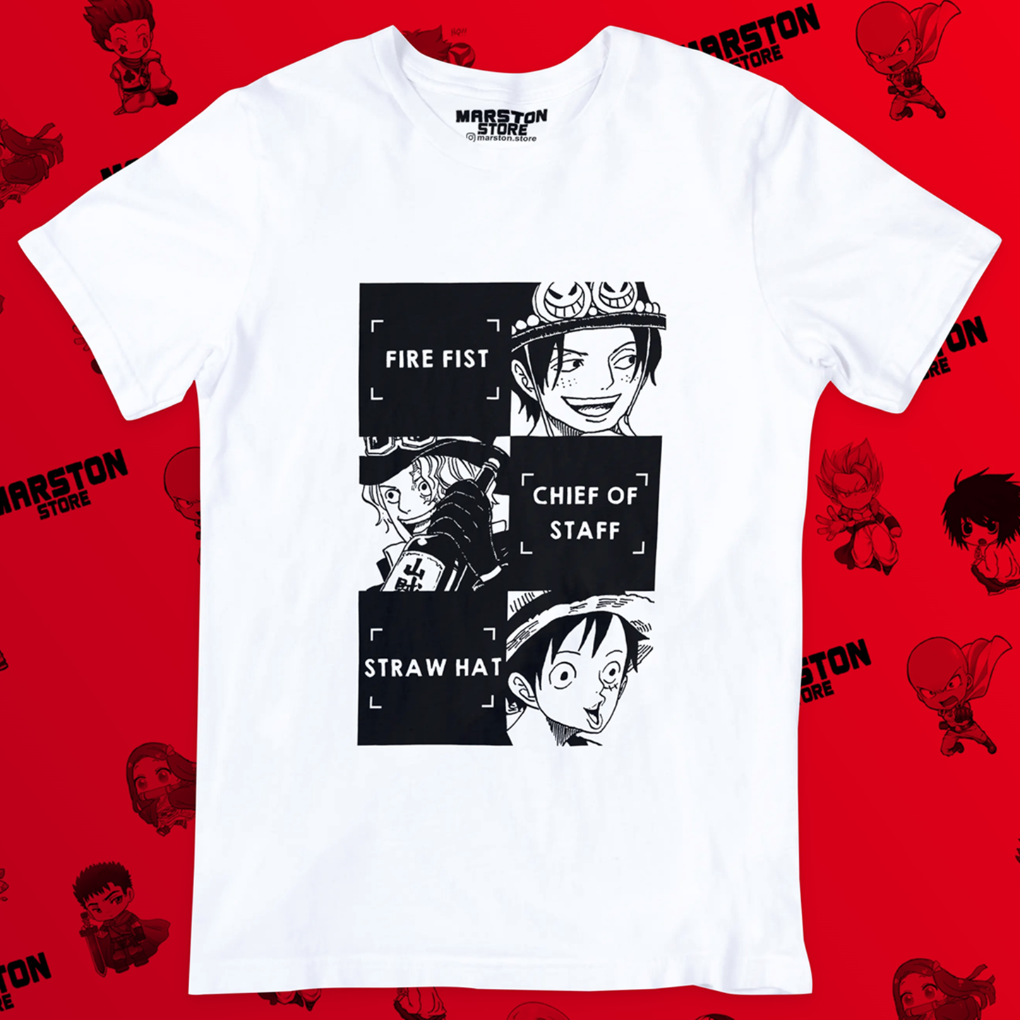 Polera blanca One Piece con Monkey D. Luffy, Portgas D. Ace y Sabo
