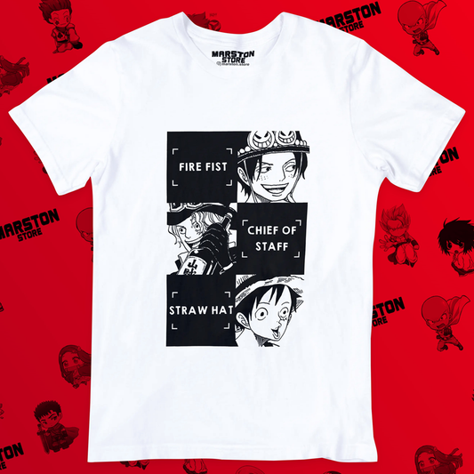 Polera blanca One Piece con Monkey D. Luffy, Portgas D. Ace y Sabo