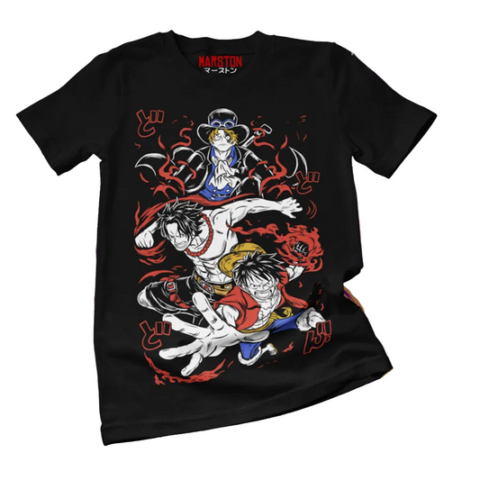 Polera negra One Piece con Monkey D. Luffy, Portgas D. Ace y Sabo