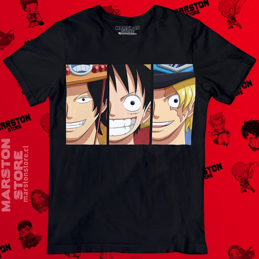 Polera negra One Piece con Monkey D. Luffy, Portgas D. Ace y Sabo
