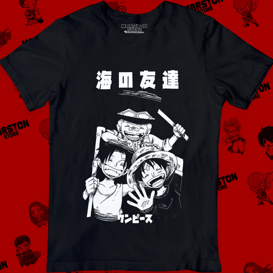 Polera negra One Piece con Monkey D. Luffy, Portgas D. Ace y Sabo