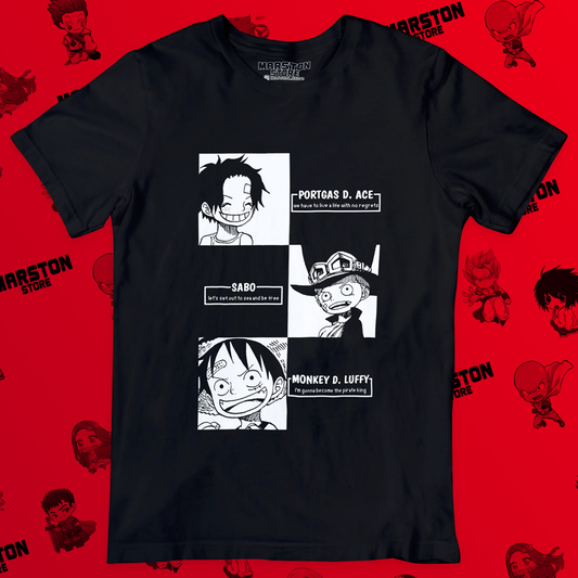 Polera negra One Piece con Monkey D. Luffy, Portgas D. Ace y Sabo