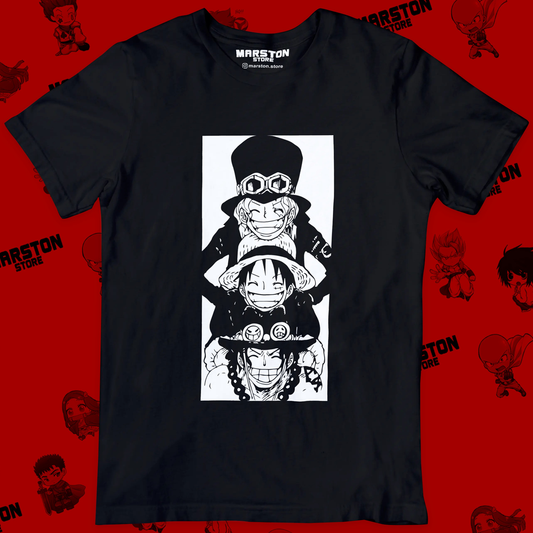 Polera negra One Piece con Monkey D. Luffy, Portgas D. Ace y Sabo