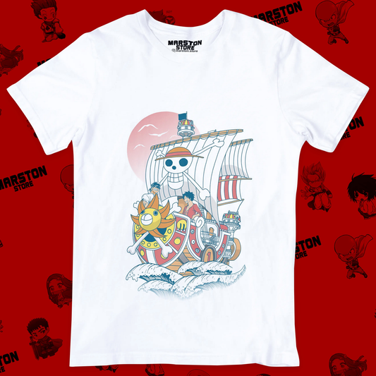 Polera blanca One Piece con Monkey D. Luffy y Roronoa Zoro