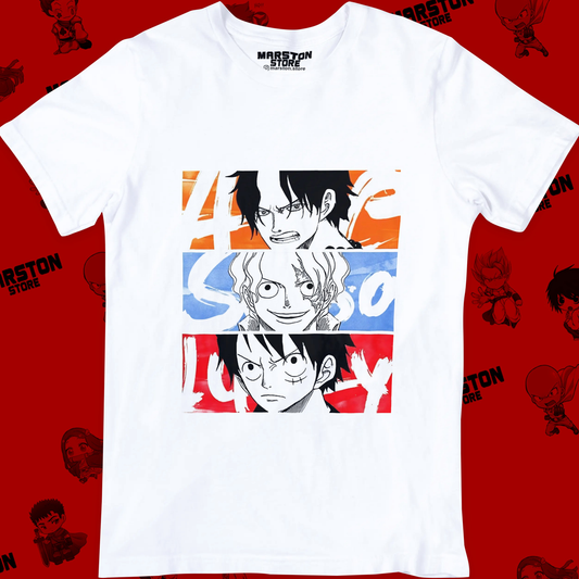 Polera blanca One Piece con Monkey D. Luffy, Roronoa Zoro y Portgas D. Ace