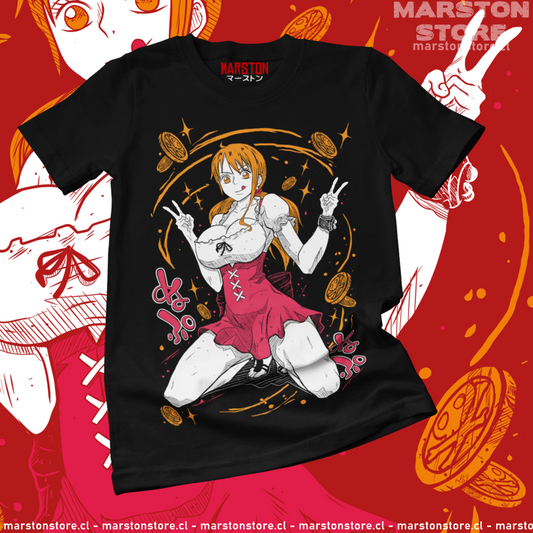 Polera negra One Piece con diseño de Nami
