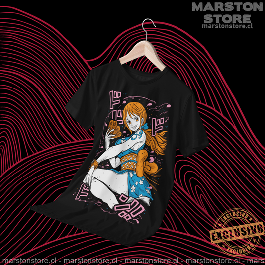 Polera negra One Piece con diseño de Nami