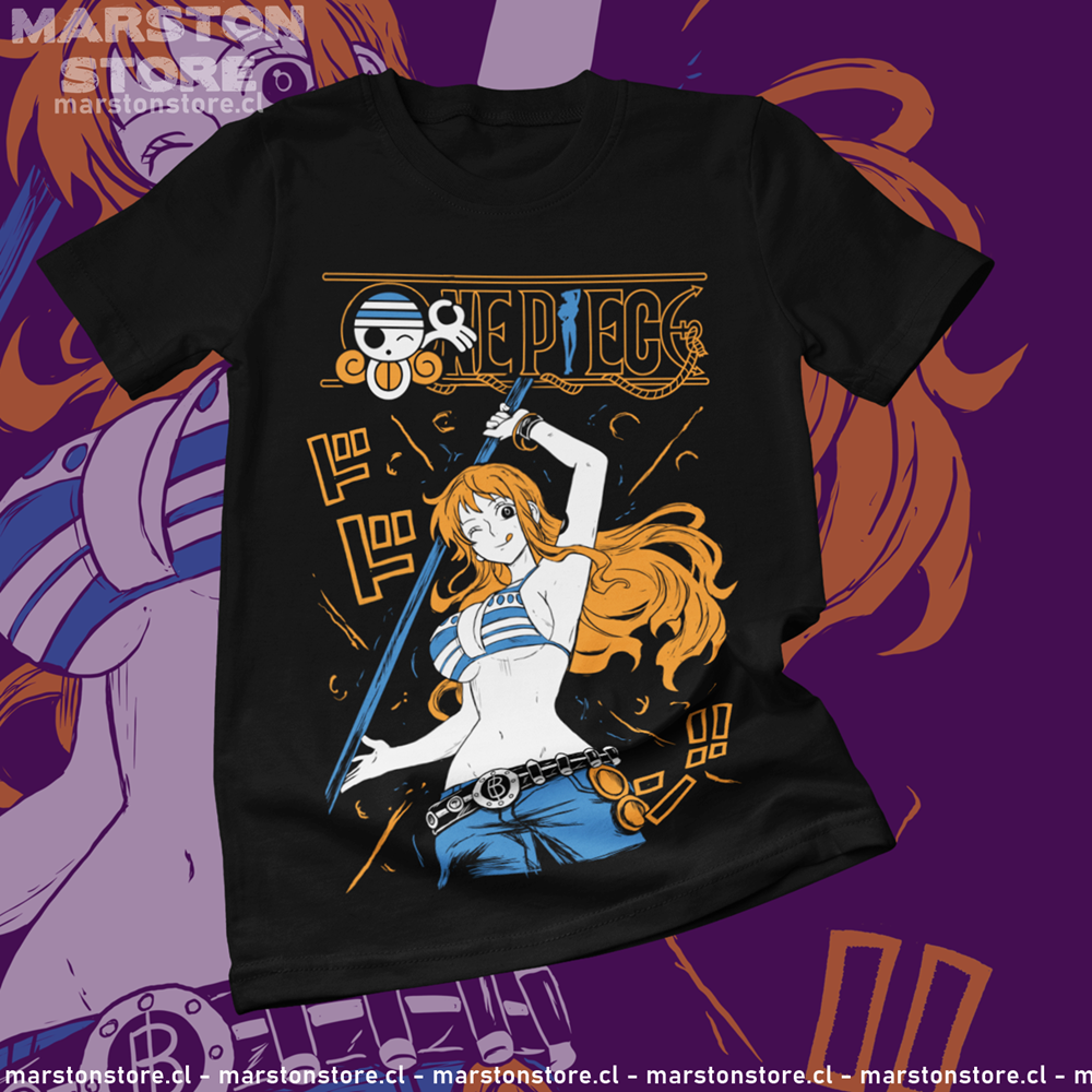 Polera negra One Piece con diseño de Nami