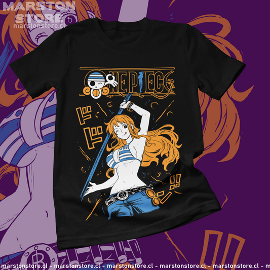 Polera negra One Piece con diseño de Nami