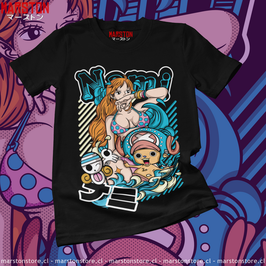 Polera negra One Piece con Nami y Tony Tony Chopper