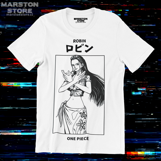Polera blanca One Piece con diseño de Nico Robin