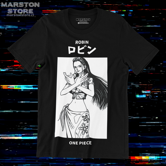 Polera negra One Piece con diseño de Nico Robin